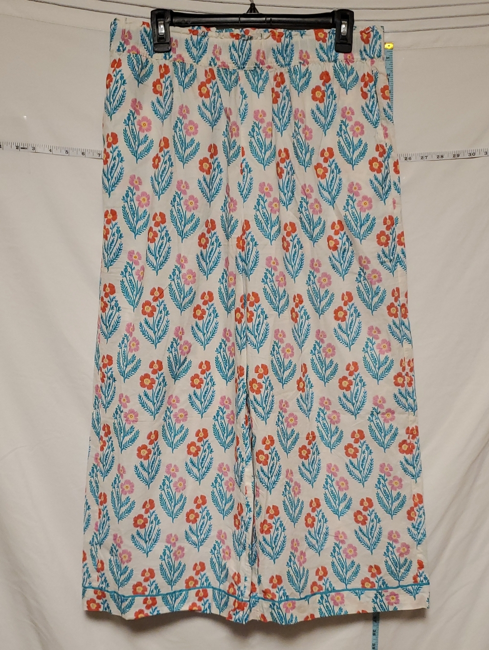 Mersea Floral Cotton Wide-Leg Lounge Pants Blue Orange Cream Lg Cozy Coastal